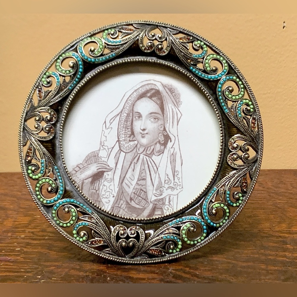 Kingfisher Road Ornate Colored Rhinestone Beaded Patinated Metal Picture Frame